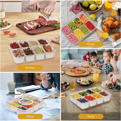 Snackle Box Container, 8 Compartment Divided Serving Tray with Lid and Handle for Food, Snacks, Nuts, Fruits, Picnic, Travel Snackle Box Container, 8 Compartment Divided Serving Tray with Lid and Handle for Food, Snacks, Nuts, Fruits, Picnic, Travel